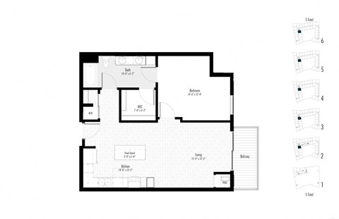 Floor plan for 1 bed, 1 bath, 802 sqft